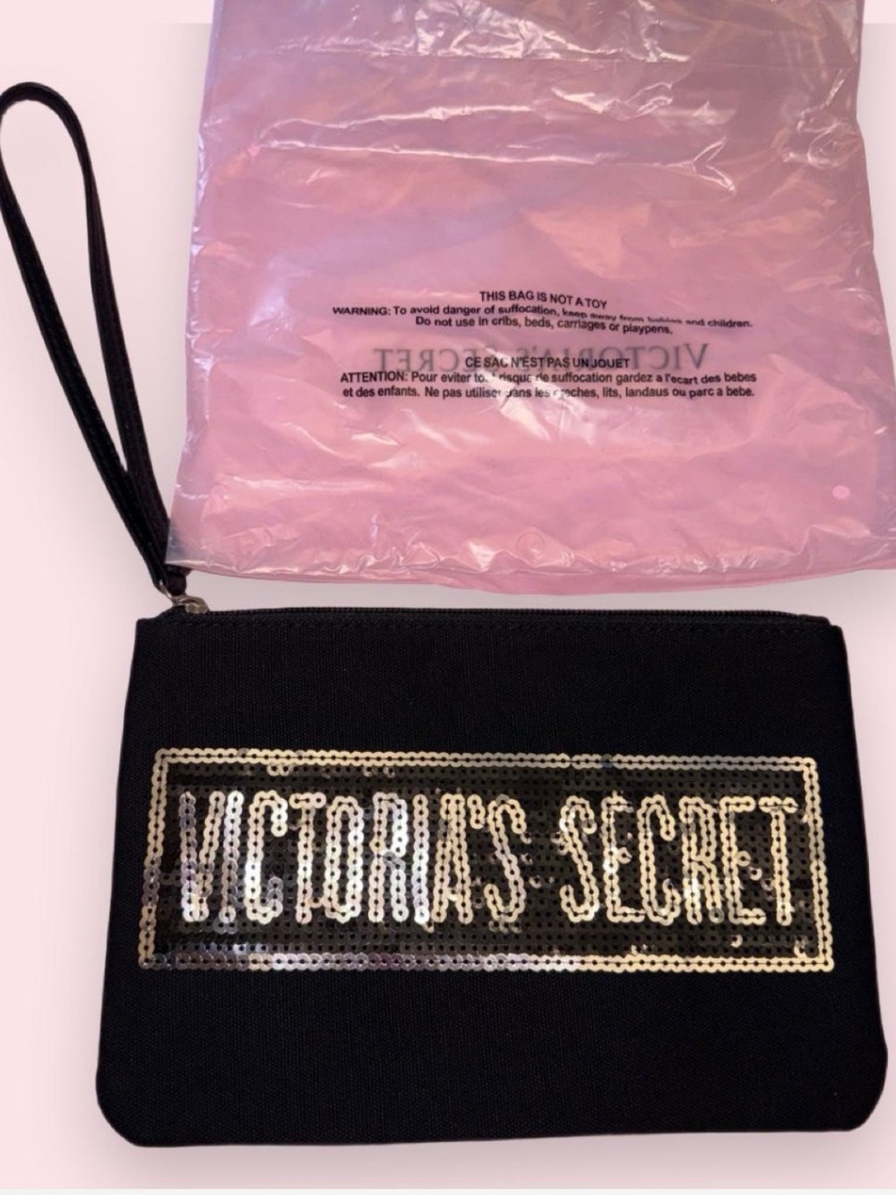 2013 Victoria's Secret Black Sequin Logo Wristlet Clutch